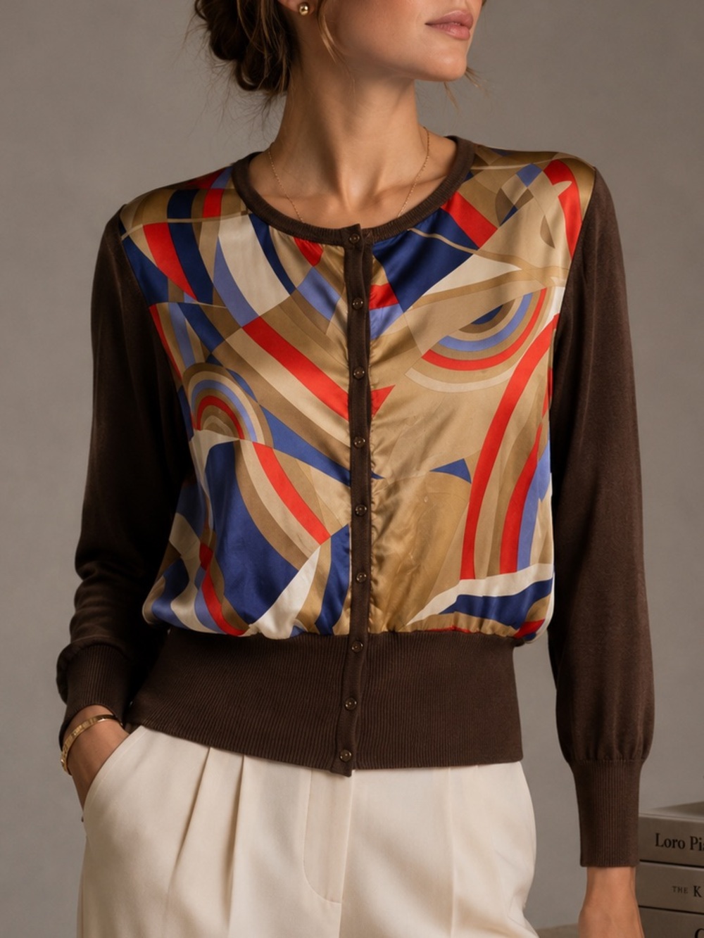 T Tahari Silk Blend Cardigan M Abstract Print Brown Artsy Retro Mod Geometric